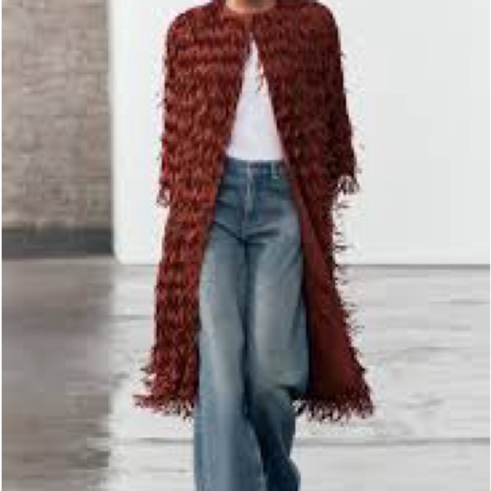 Zara Rust Red Textured Fringe Long Cape Coat - Picture 6 of 9